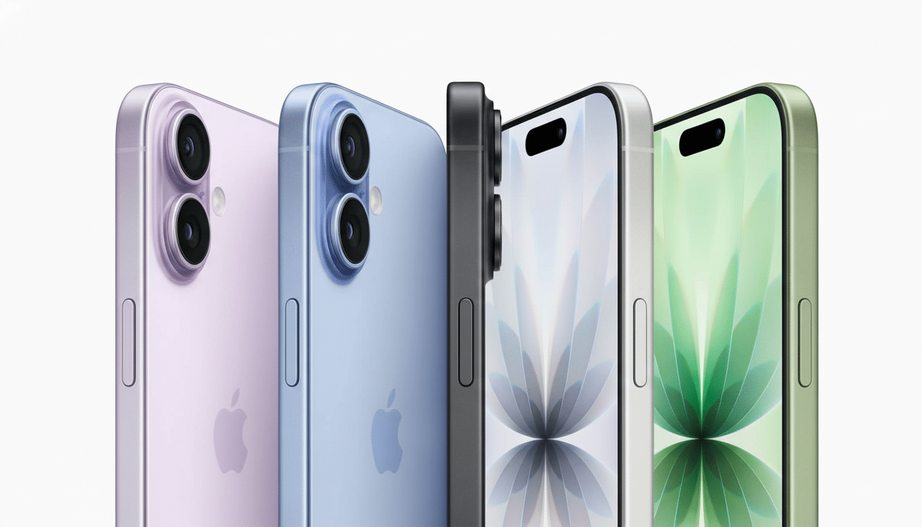 A professional shot of four iPhones in different colors (purple, blue, black, and green) lined up side by side against a clean white background, showc