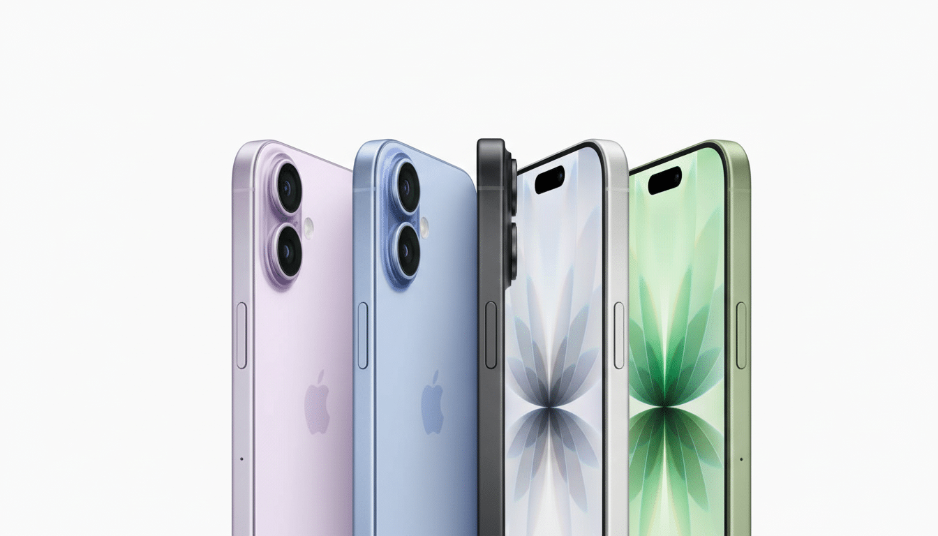 Four iPhones in various colors ( purple, blue, gray, and green ) are displayed closely together on a white background, showcasing their side profiles