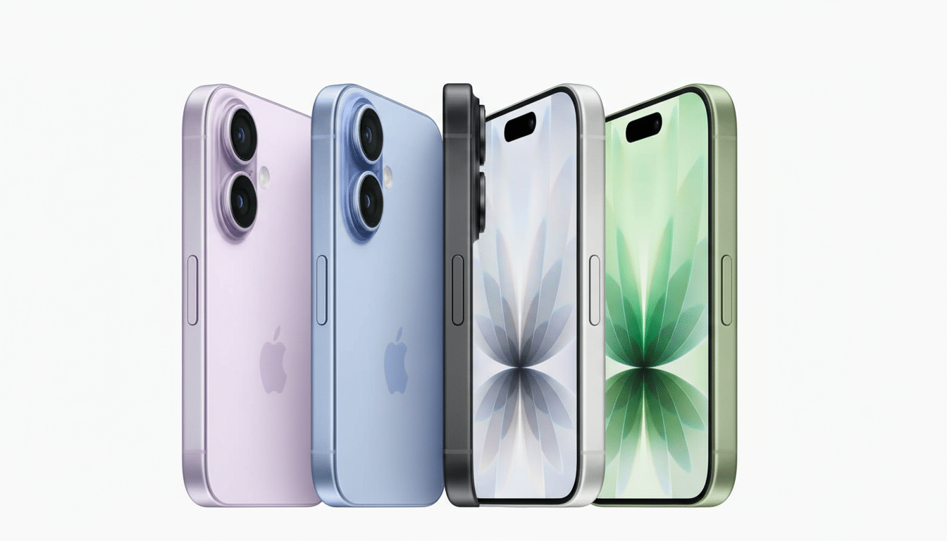 Four iPhones in various colors ( purple, blue, gray, and green ) are displayed in a professional, clean arrangement on a white background, resized to