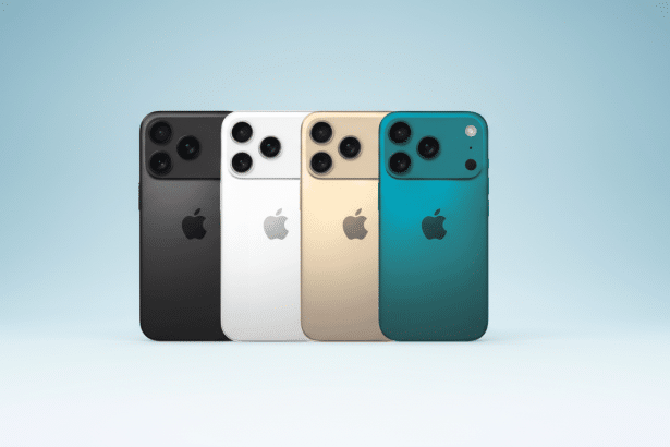 Four iPhones in black, white, gold, and teal, displayed in a row on a soft blue gradient background.
