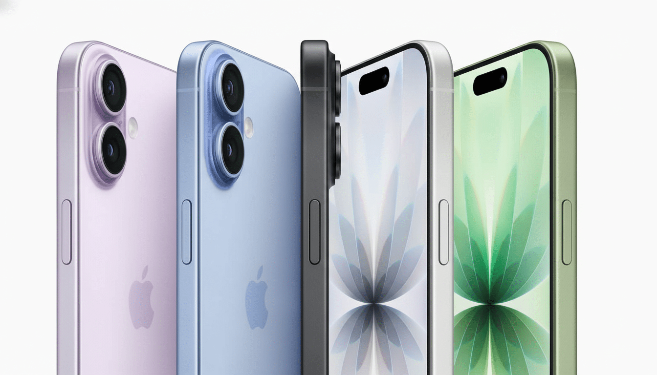 A professional shot showcasing four iPhone models in different colors: purple, blue, space gray, and green. The devices are angled slightly, revealing