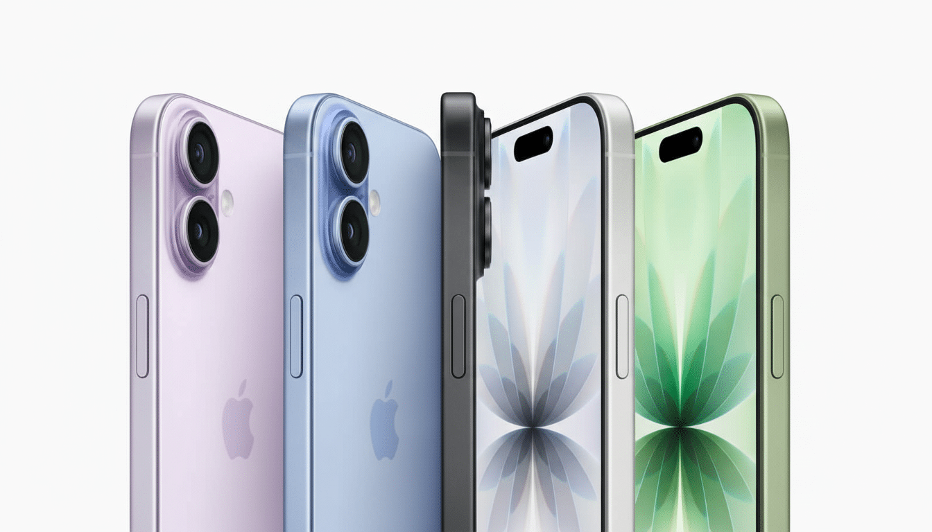 Four iPhones in different colors ( lav ender, blue, gray, and green ) are displayed side-by- side against a clean white background.