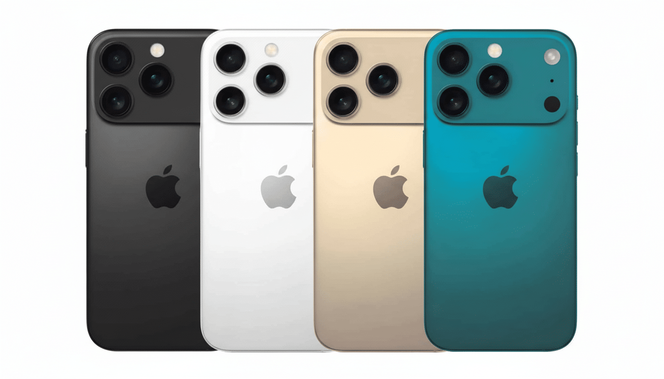 Four iPhones in black, white, gold, and teal, arranged in a row with their backs facing forward.