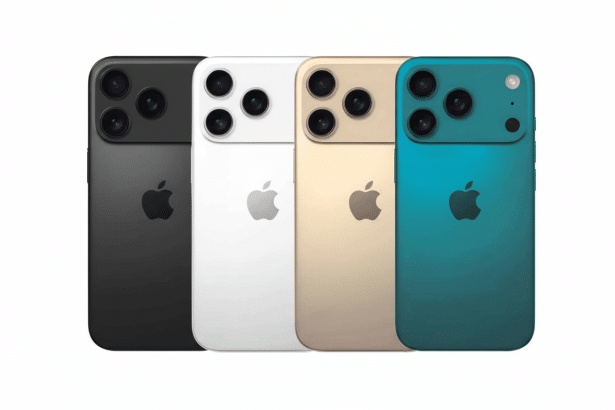 Four iPhones in black, white, gold, and teal, arranged in a row with a plain white background.