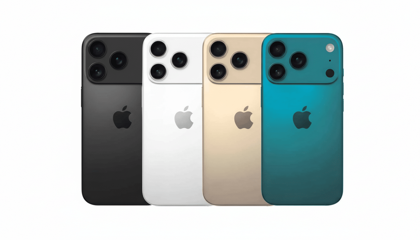 Four iPhones in black, white, gold, and teal, arranged in a row with a plain white background.
