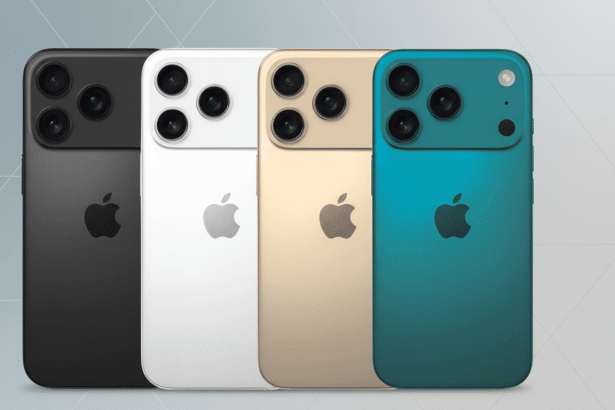 Four iPhones in black, white, gold, and teal, displayed from the back on a gradient background.