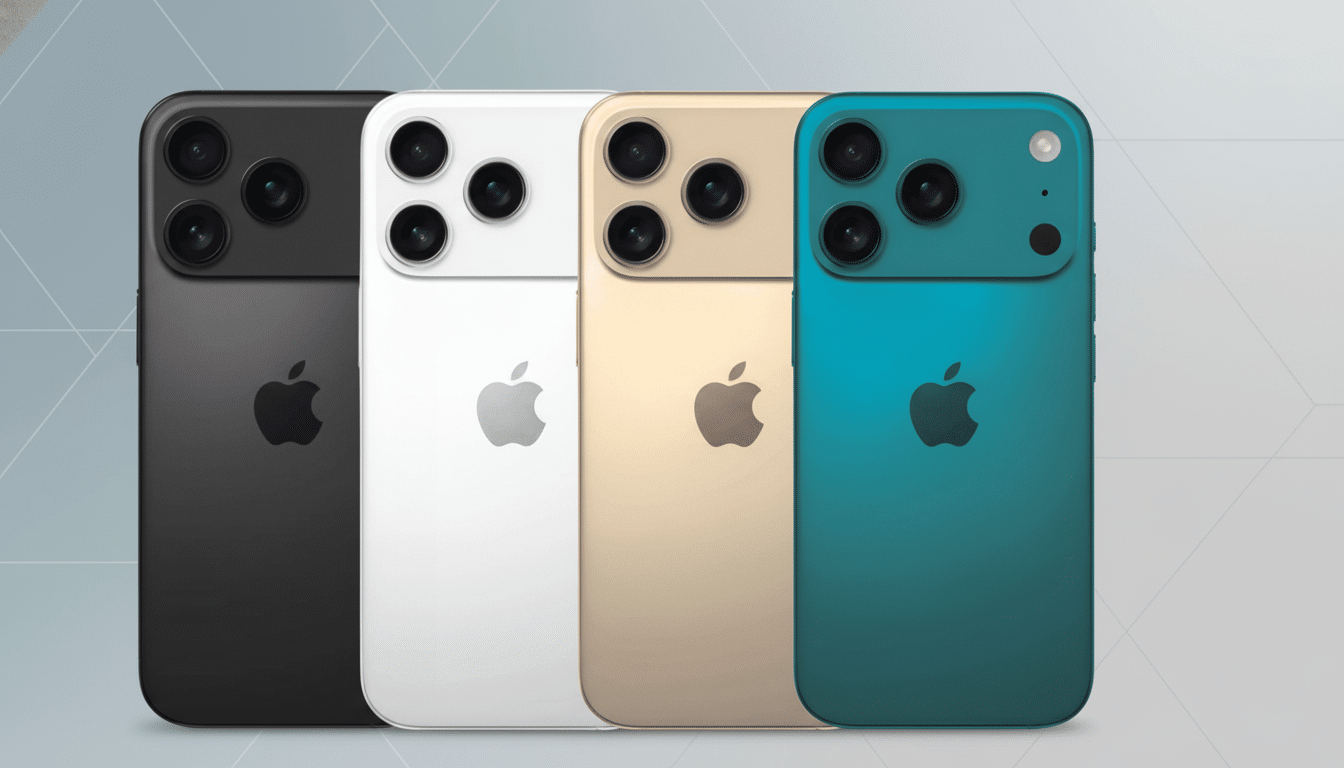 Four iPhones in black, white, gold, and teal, displayed from the back on a gradient background.