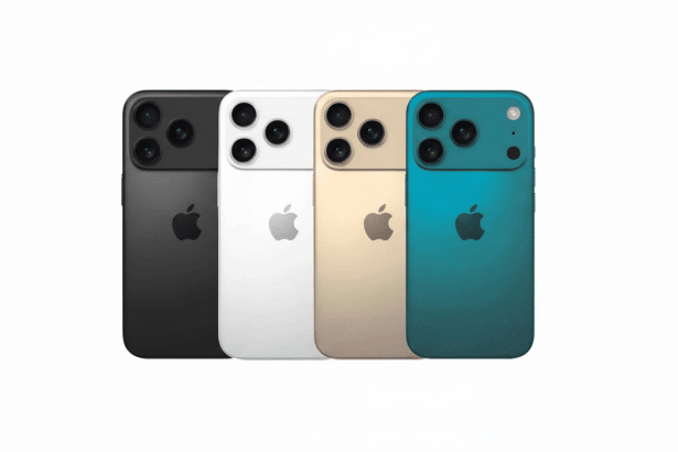 Four iPhones in black, white, gold, and teal, presented on a clean white background.