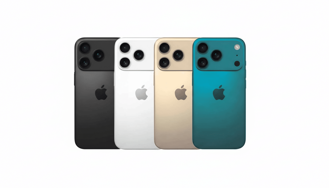 Four iPhones in black, white, gold, and teal, presented on a clean white background.