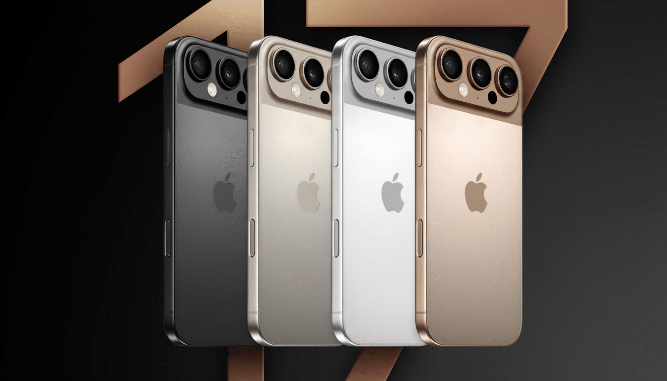 Four iPhones in black, gold, silver, and rose gold with Apple logos on a dark background.