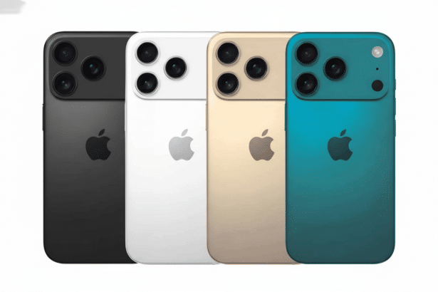 Four iPhones in black, white, gold, and teal, arranged in a row with a subtle, professional background gradient.