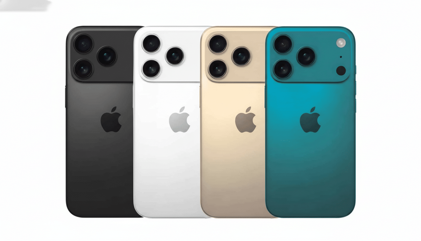 Four iPhones in black, white, gold, and teal, arranged in a row with a subtle, professional background gradient.