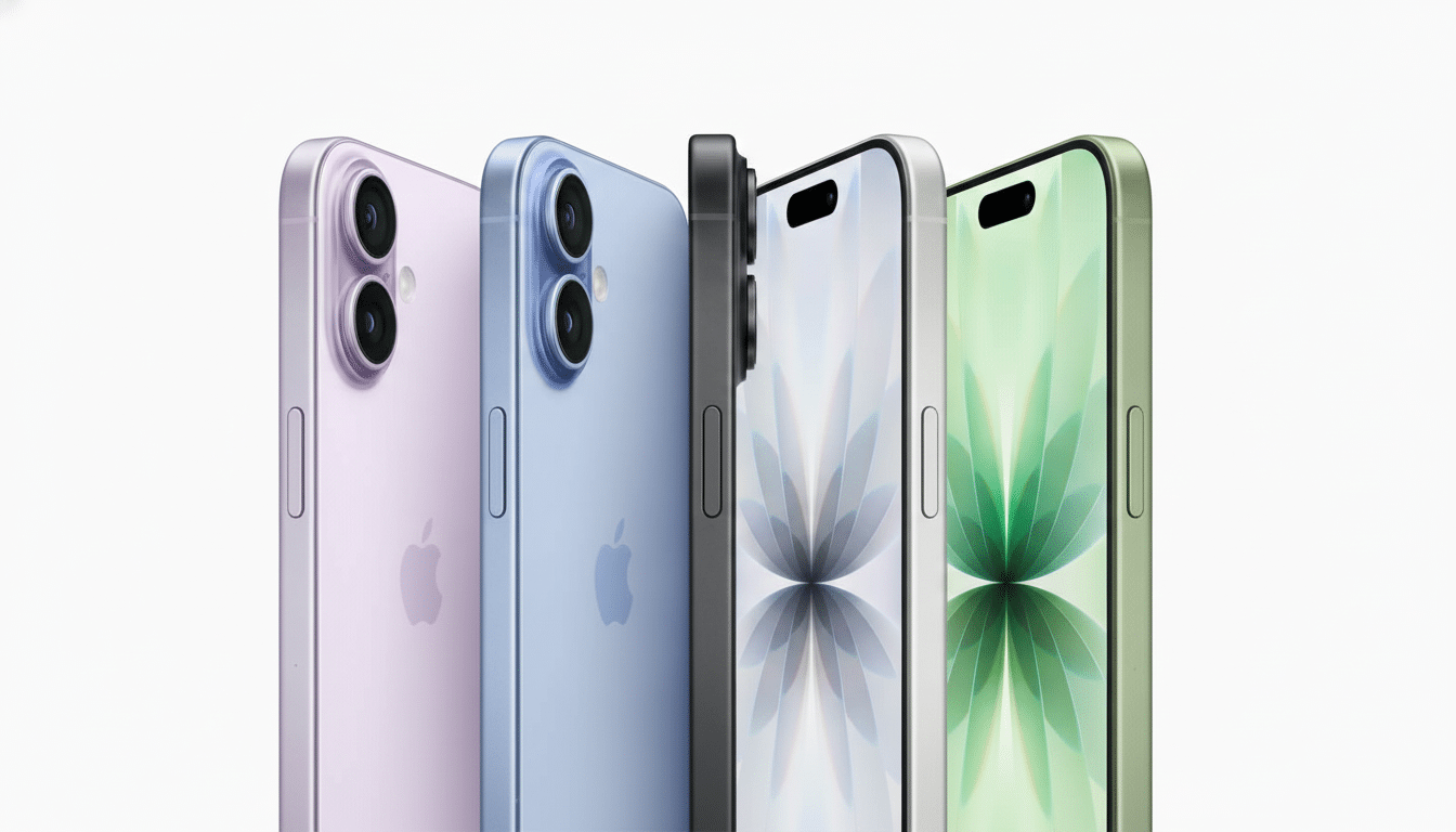 Four iPhones in different colors ( lav ender, blue, black, and green ) are displayed side-by- side against a clean white background.