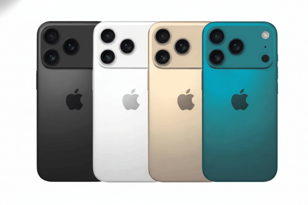 Four iPhones in black, white, gold, and teal, showcasing their backs with triple cameras and the Apple logo, presented on a clean white background.