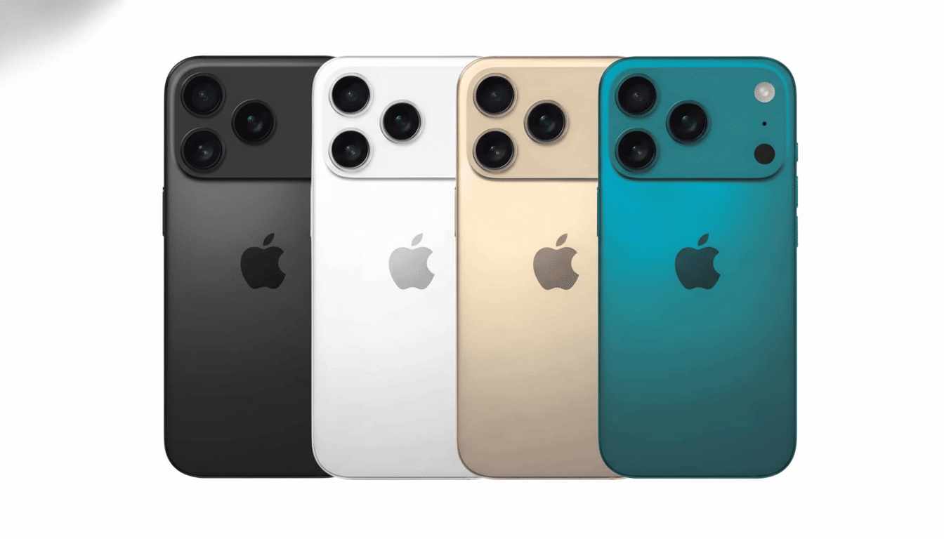 Four iPhones in black, white, gold, and teal, showcasing their backs with triple cameras and the Apple logo, presented on a clean white background.