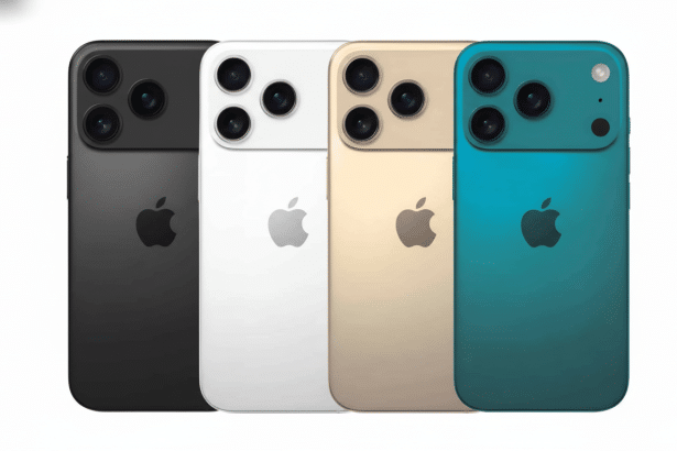 Four iPhones in black, white, gold, and teal, showcasing their back designs with triple cameras and Apple logos, presented on a clean white background
