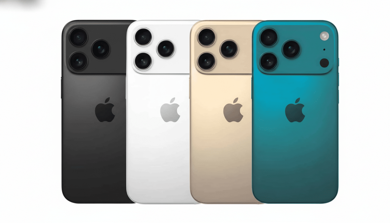 Four iPhones in black, white, gold, and teal, showcasing their back designs with triple cameras and Apple logos, presented on a clean white background