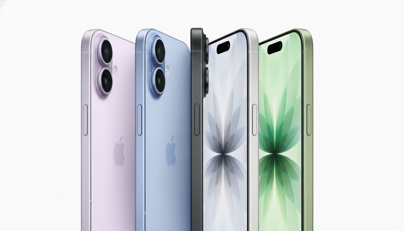 A professional shot of four iPhones in different colors (purple, blue, black, and green) lined up on a white background, showcasing their side profile