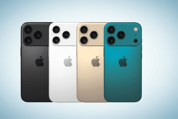 Four iPhones in black, white, gold, and teal, showcasing their rear design with triple camera systems and the Apple logo, presented against a professi