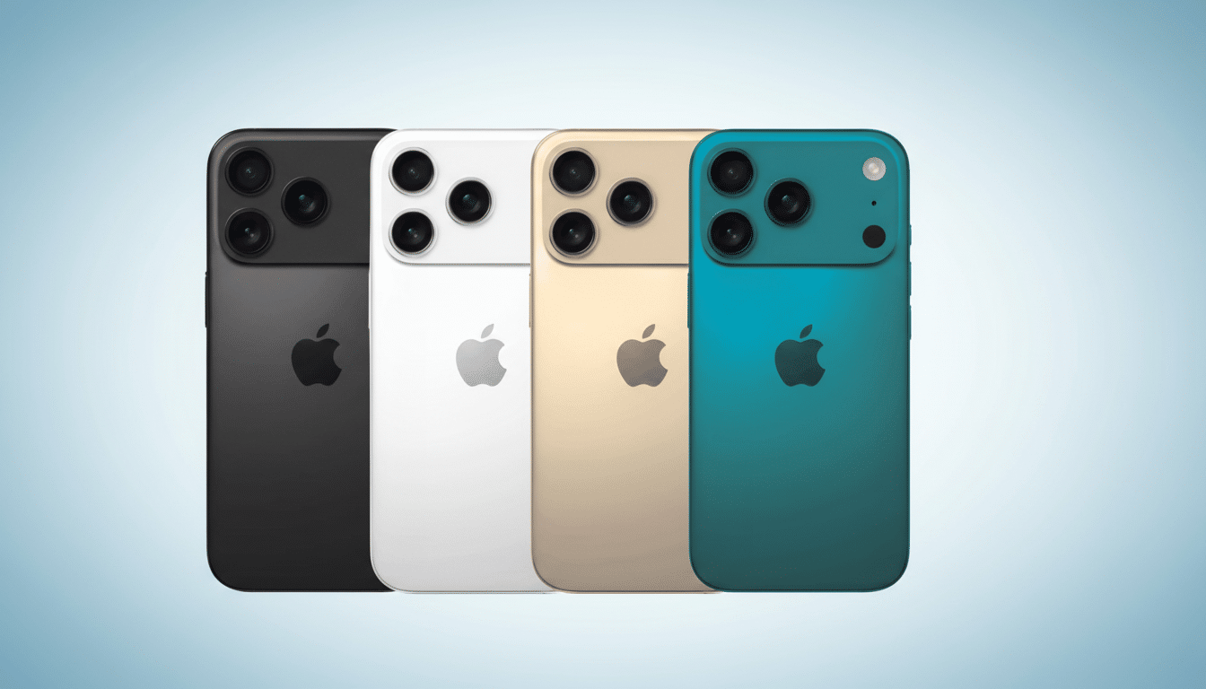 Four iPhones in black, white, gold, and teal, showcasing their rear design with triple camera systems and the Apple logo, presented against a professi
