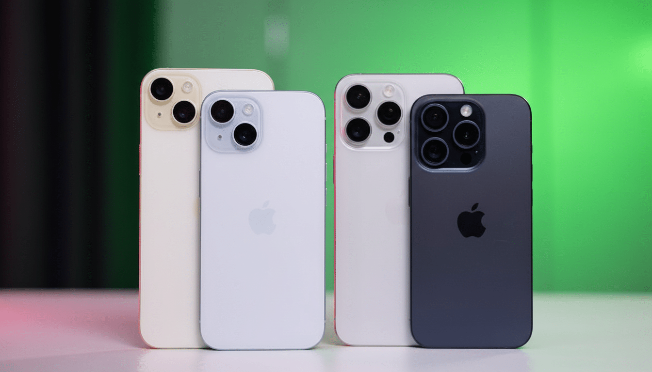 alt = Four iPhones , two lighter colored and two darker colored, are standing upright against a vib