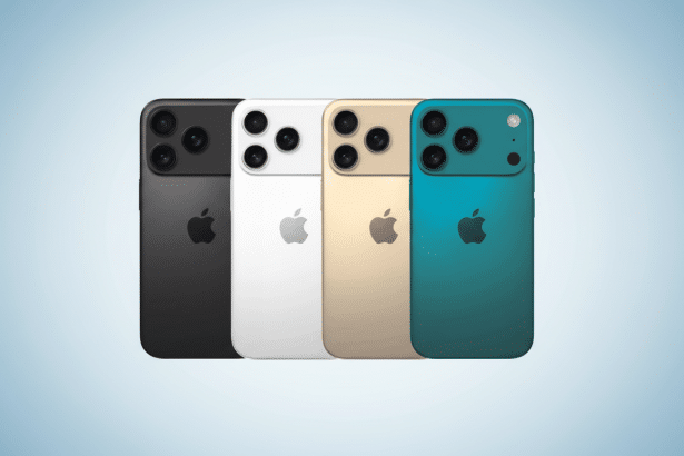 Four iPhones in black, white, gold, and teal, arranged side- by-side on a soft blue gradient background.