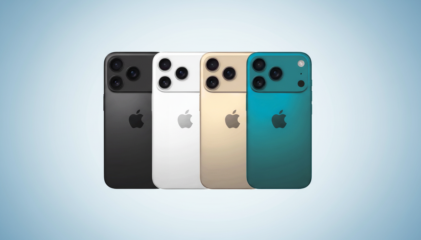 Four iPhones in black, white, gold, and teal, arranged side- by-side on a soft blue gradient background.