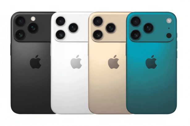 Four iPhones in black, white, gold, and teal, showcasing their backs with the Apple logo and triple camera setup.