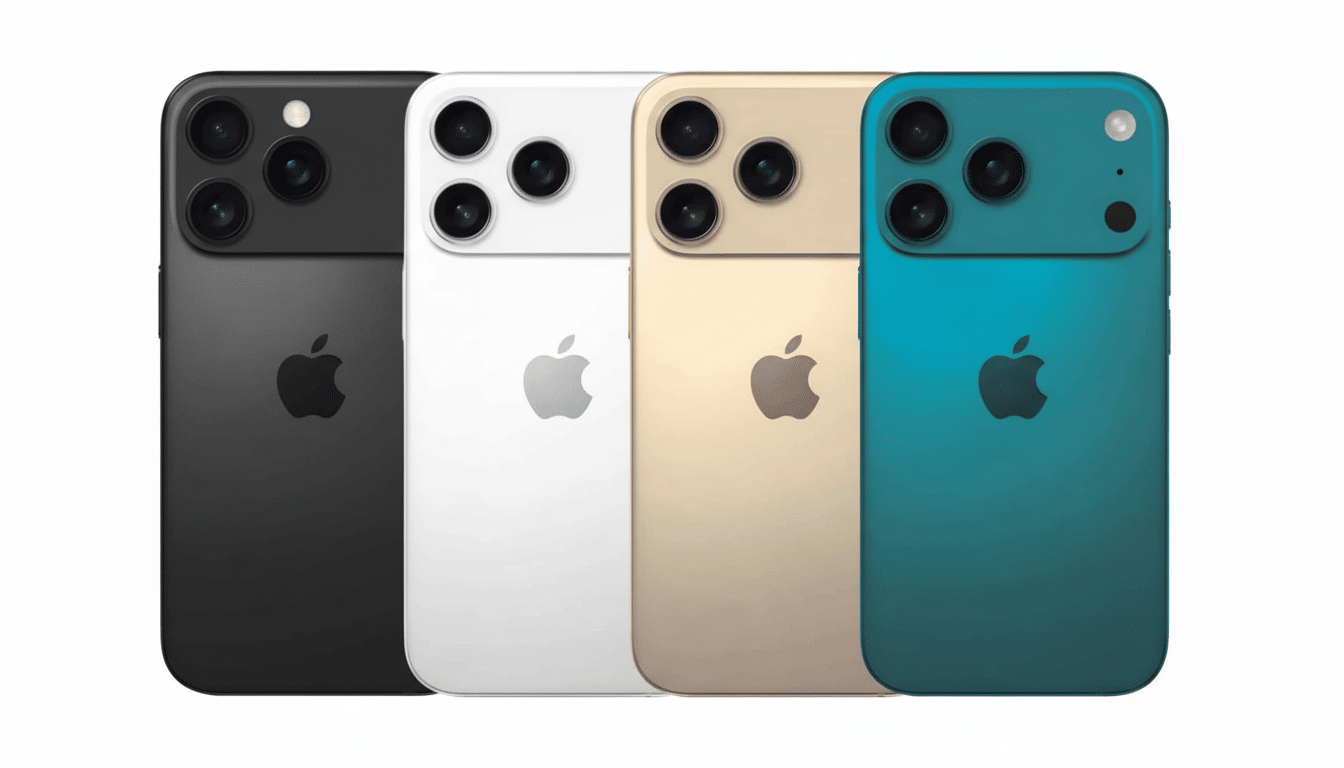 Four iPhones in black, white, gold, and teal, showcasing their backs with the Apple logo and triple camera setup.