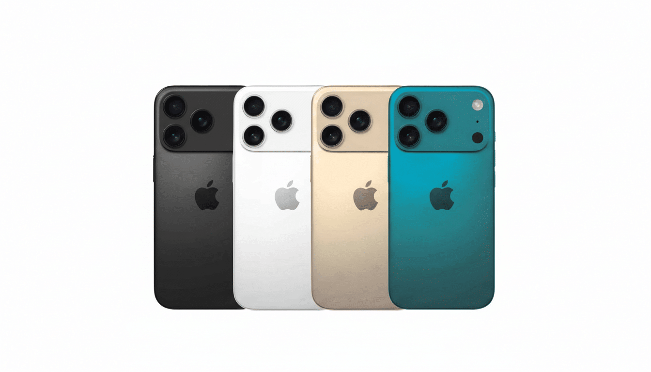 Four iPhones in black, white, gold, and teal, arranged in a row with their backs facing forward.