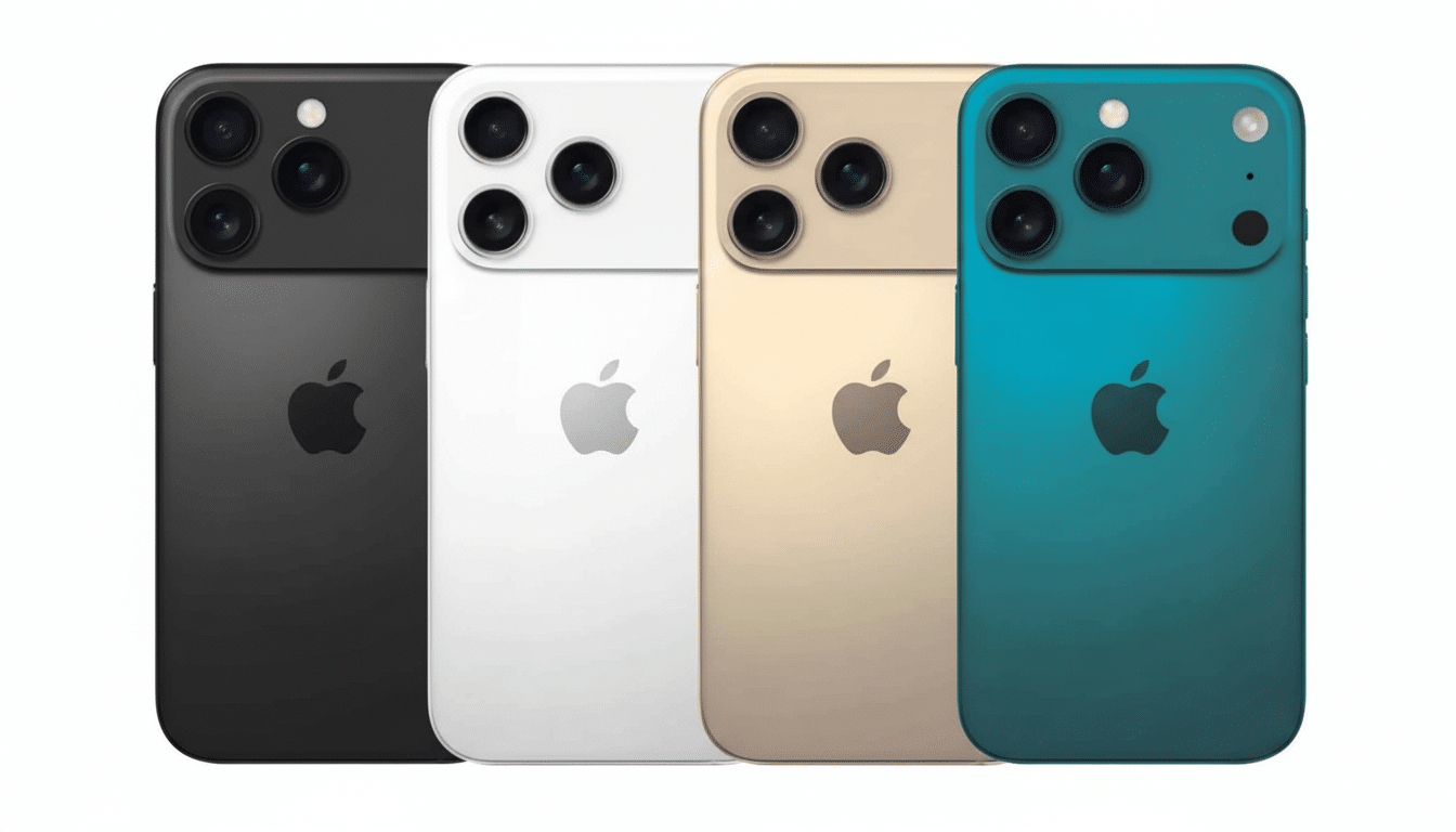 Four iPhones in black, white, gold, and teal, showcasing their back designs and camera arrays.