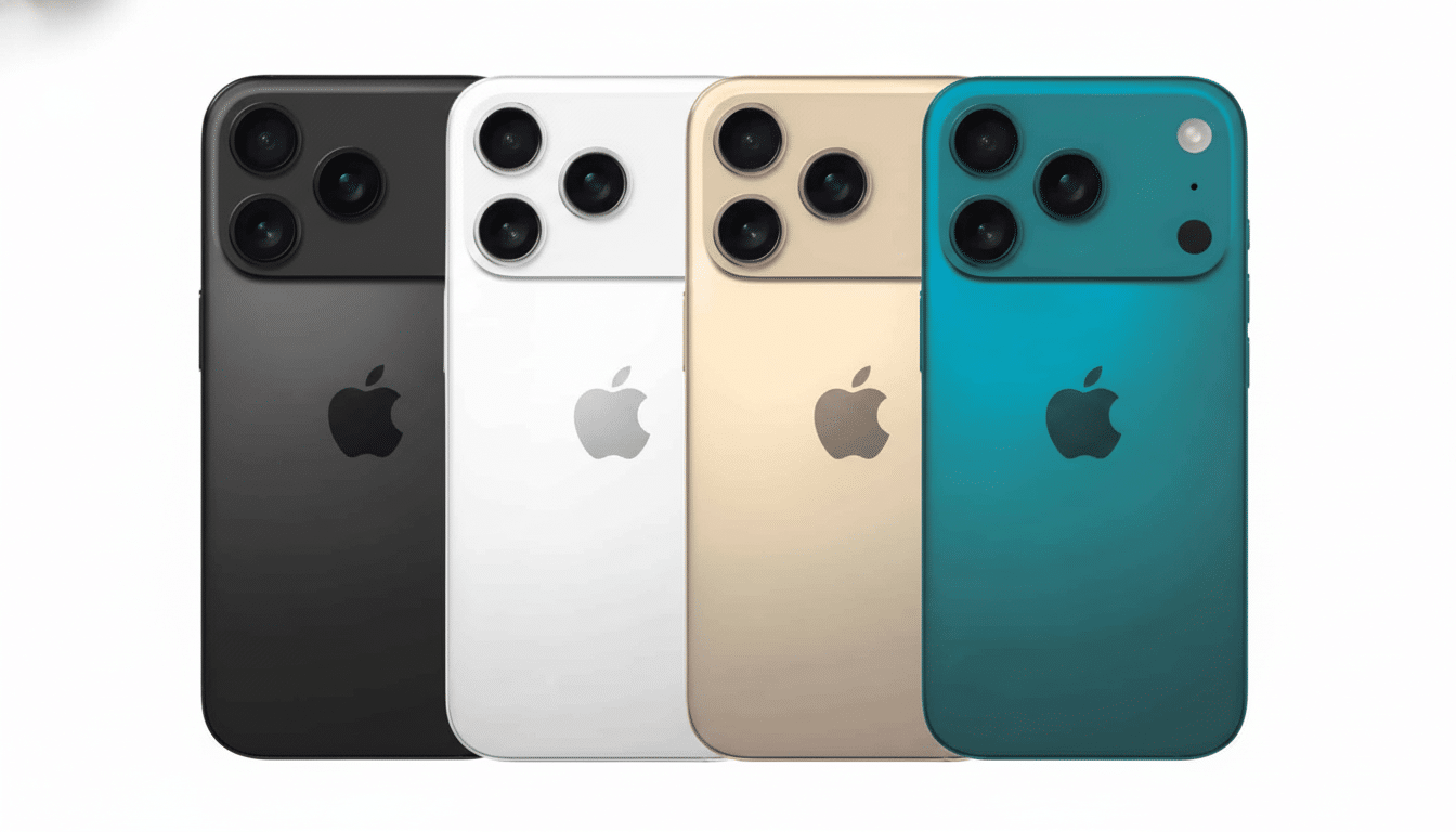 Four iPhones in black, white, gold, and teal, showcasing their backs with the Apple logo and triple camera setup.
