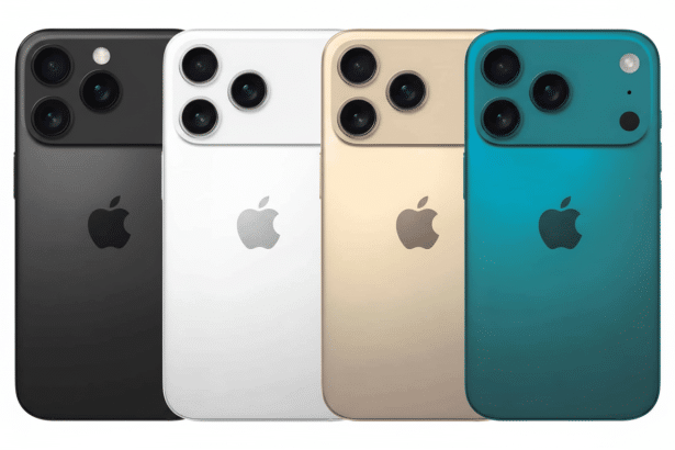 Four iPhones in different colors ( black, white, gold, and teal ) lined up against a white background.