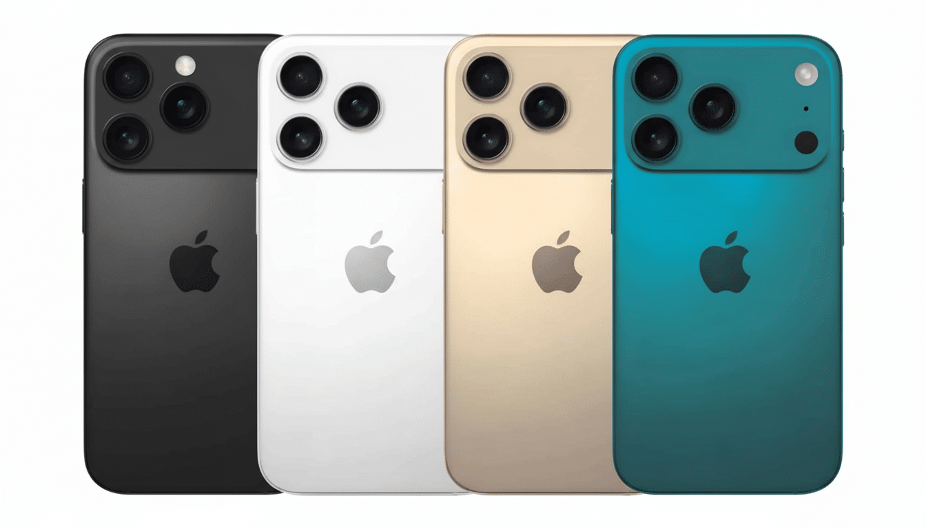 Four iPhones in different colors ( black, white, gold, and teal ) lined up against a white background.