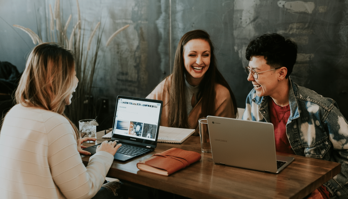 Three people laughing and working on laptops at a table in a cafe setting , resized to a 1 6:9 aspect ratio.