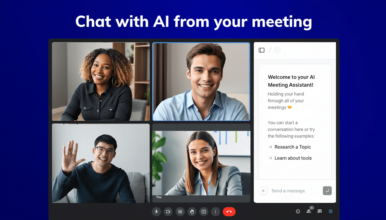 A professional screenshot of a video conferencing application with four participants and a sidebar showing an  AI Meeting Assistant chat interface. The application is set against a dark blue background with the text Chat with AI from your meeting  at the top.