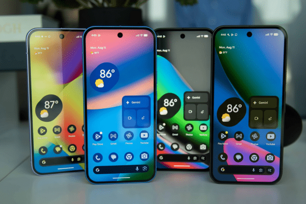 Four Google Pixel phones with colorful home screens and weather widgets are displayed in a row on a white surface with a book and plant in the soft - focus background. Filename : fourpixel phonesdisplay .png