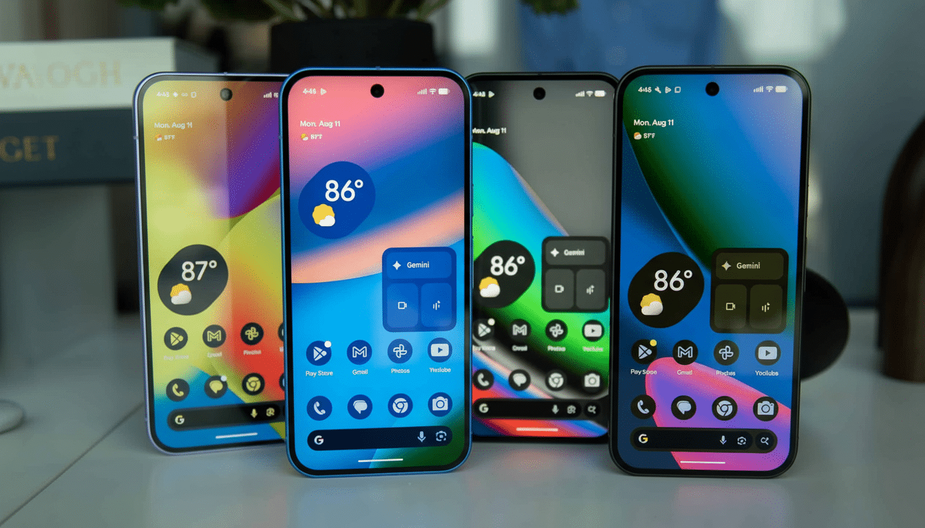 Four Google Pixel phones with colorful home screens and weather widgets are displayed in a row on a white surface with a book and plant in the soft - focus background. Filename : fourpixel phonesdisplay .png