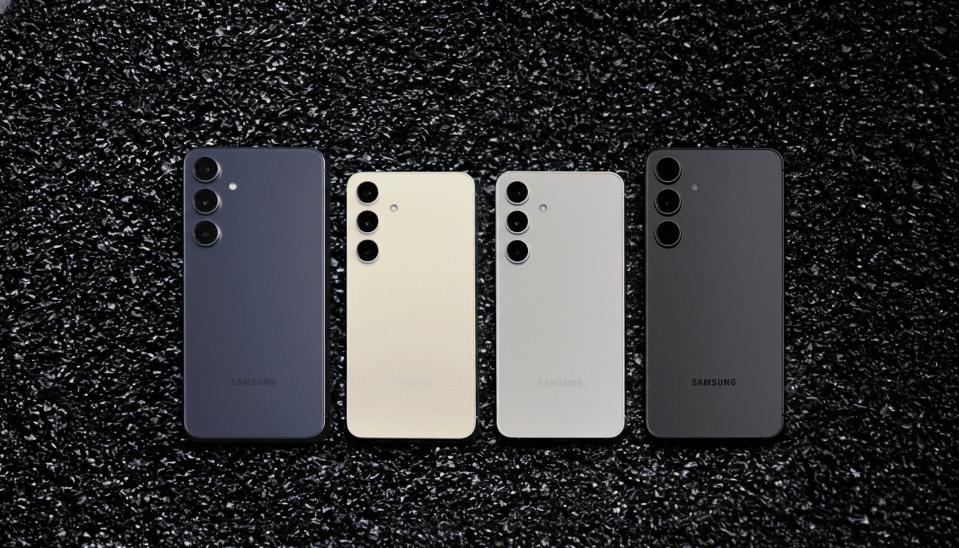 Four Samsung smartphones in different colors ( purple, cream, light grey, and black) laid out on a dark, textured background.