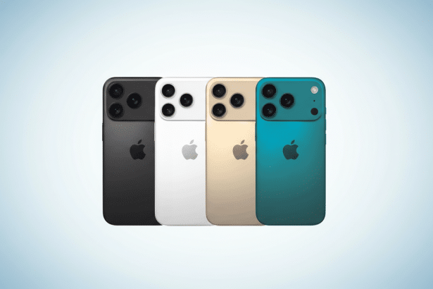 Four smartphone devices, colored black, white, gold, and teal, displayed in a row on a gradient blue and white background.