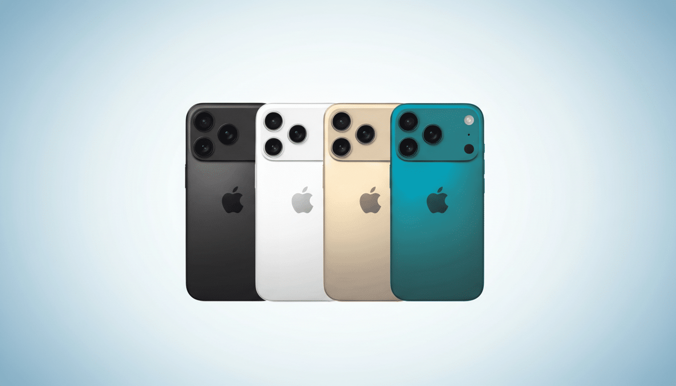 Four smartphone devices, colored black, white, gold, and teal, displayed in a row on a gradient blue and white background.