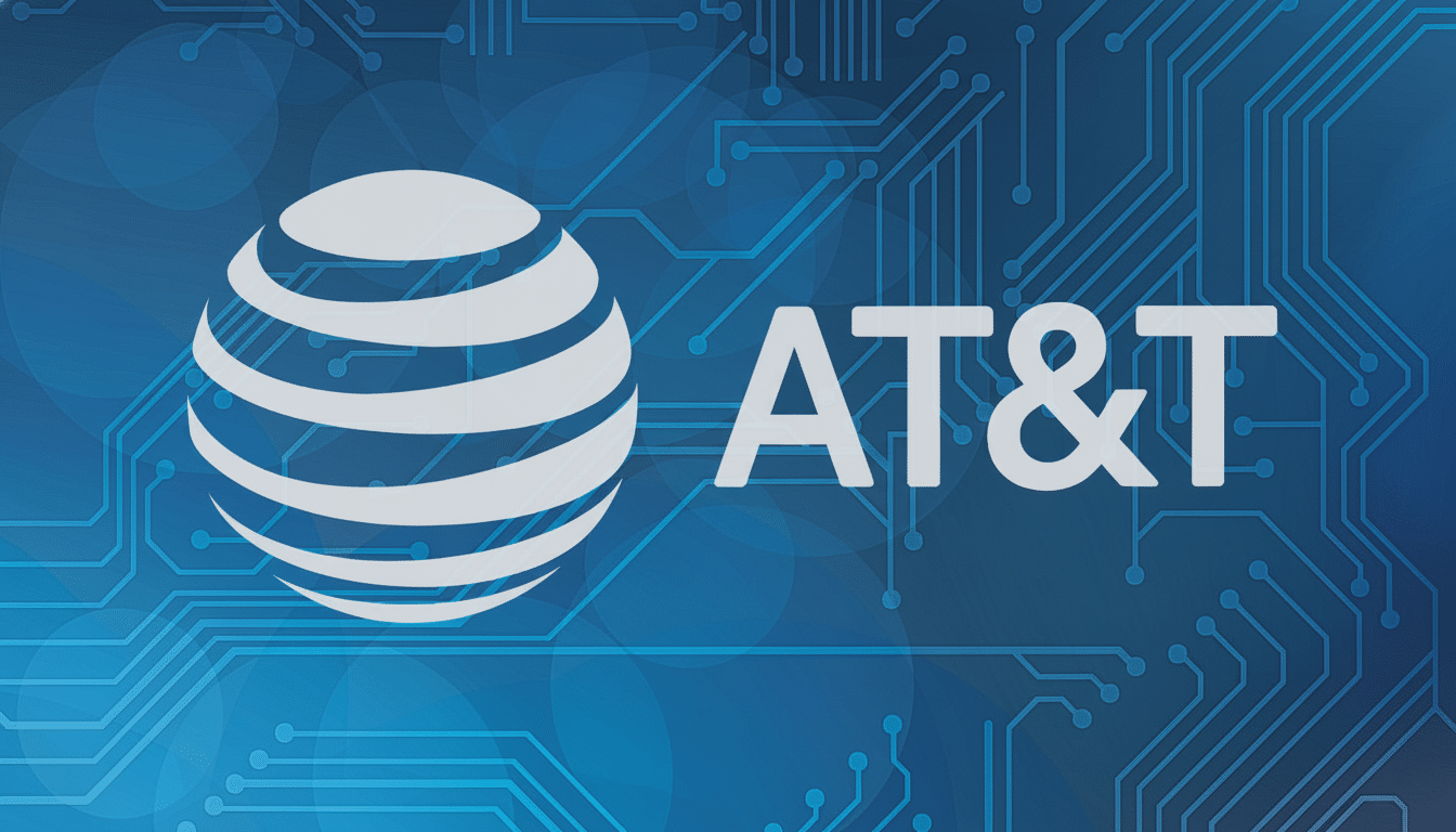 The AT&T logo , featuring a white globe icon and the text AT&T, against a blue background with a subtle circuit board pattern and soft bokeh- like circles .