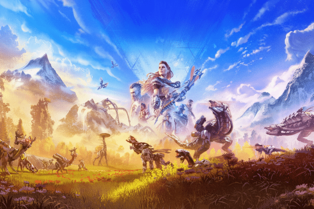 An expansive , vibrant landscape from Horizon Forbidden West with Aloy and other characters surrounded by various machine creatures in a mountainous , sunset-lit setting. Filename : horizonforbidden westlandscape . png