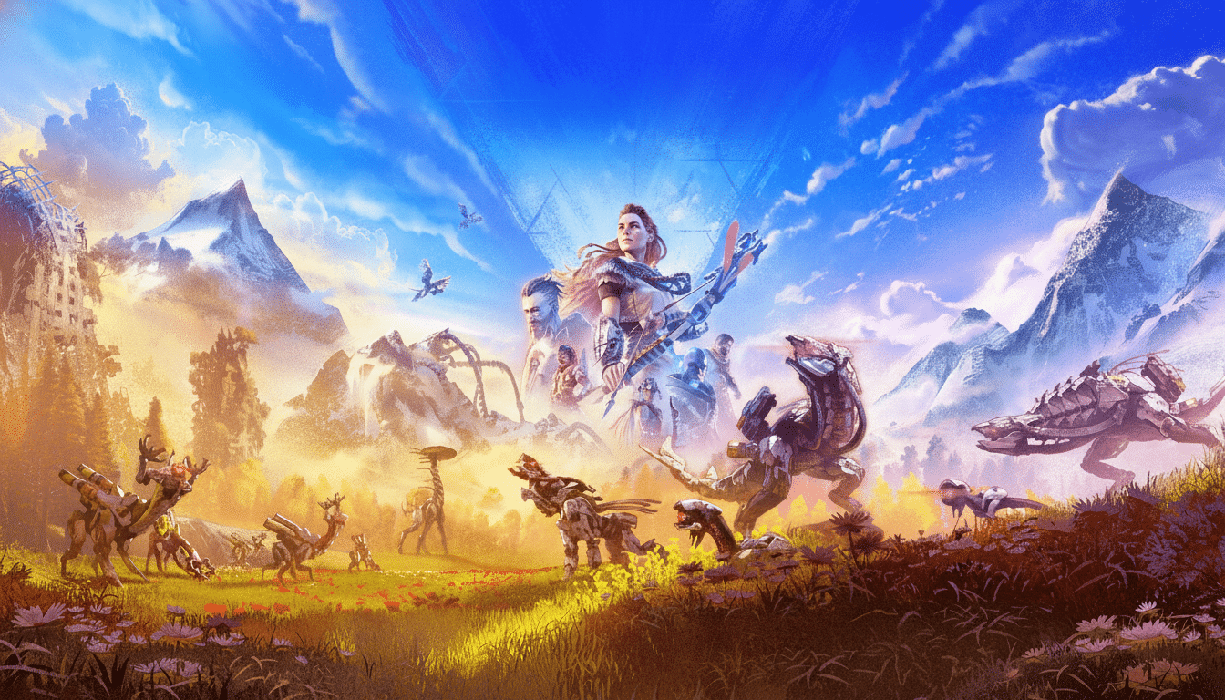An expansive , vibrant landscape from Horizon Forbidden West with Aloy and other characters surrounded by various machine creatures in a mountainous , sunset-lit setting. Filename : horizonforbidden westlandscape . png