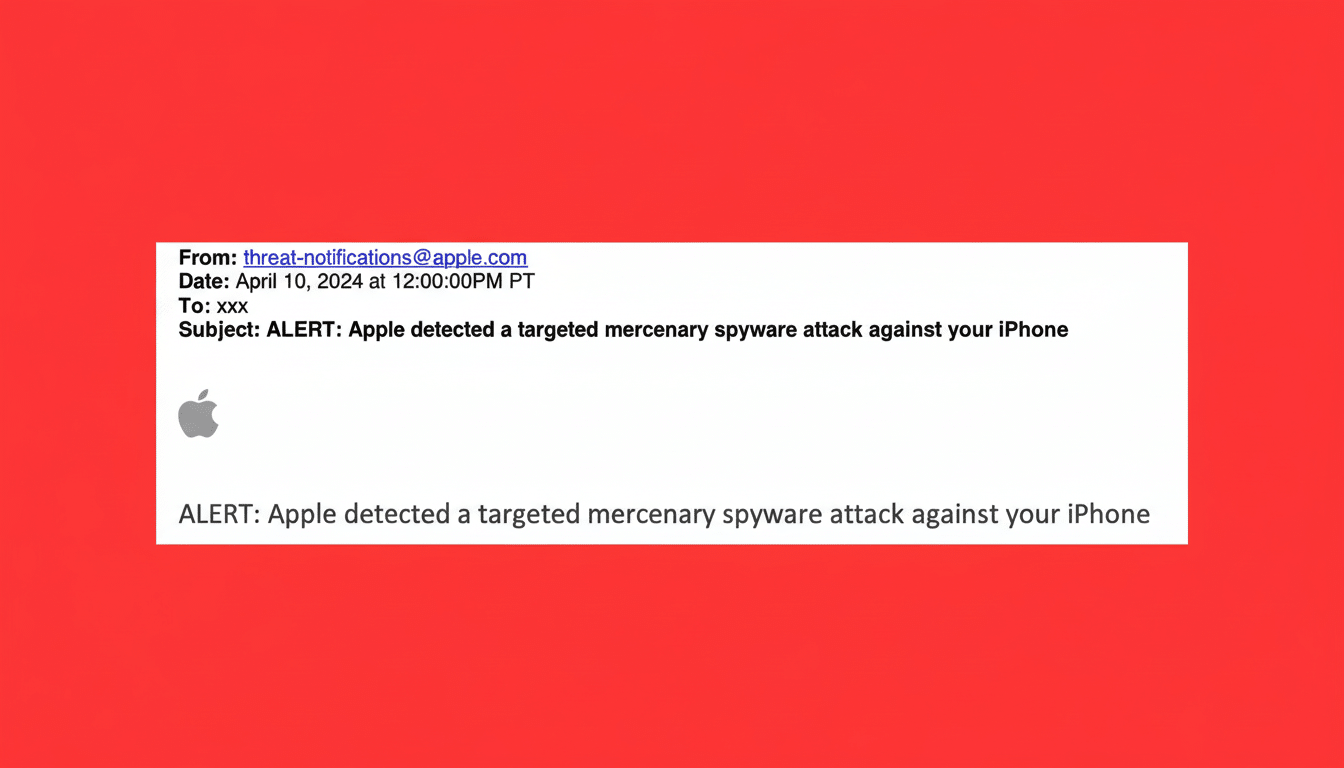 An email screenshot on a red background with a white rectangle showing an alert from threat-notifications@ apple.com with the subject ALERT: Apple det