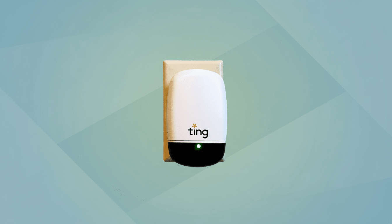 A white and black Ting smart outlet with a green light, plugged into a wall socket , set against a professional soft blue gradient background.