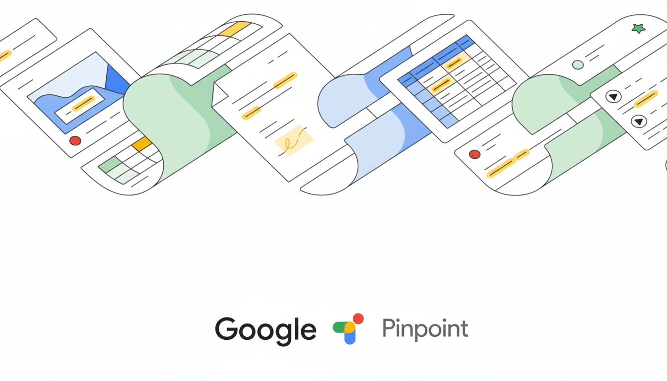 The Google Pinpoint logo with various documents and data visualizations floating above it . *