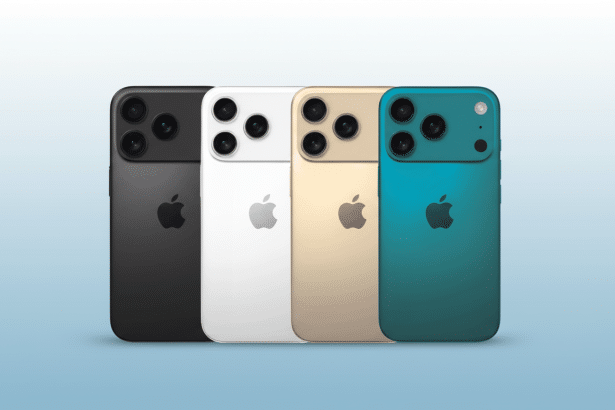 Four smartphone devices, colored black, white, gold, and teal, arranged in a row. They feature multiple camera lenses and the Apple logo on their back