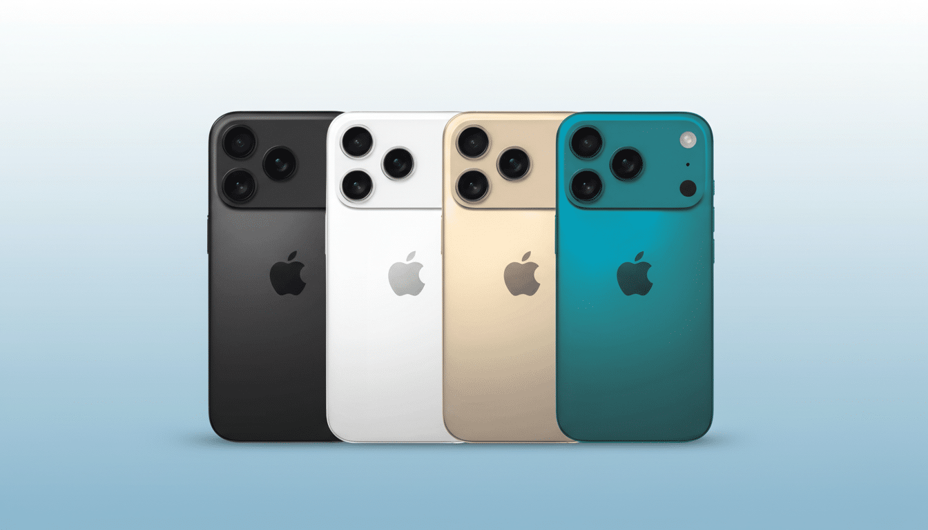 Four smartphone devices, colored black, white, gold, and teal, arranged in a row. They feature multiple camera lenses and the Apple logo on their back