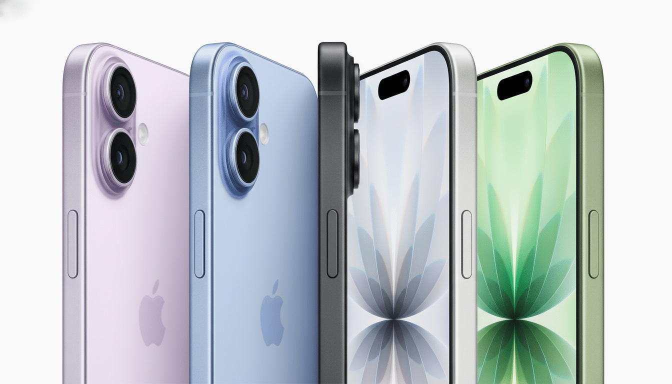 Four iPhones in different colors (purple, blue, black, green) displayed in a line with white background.